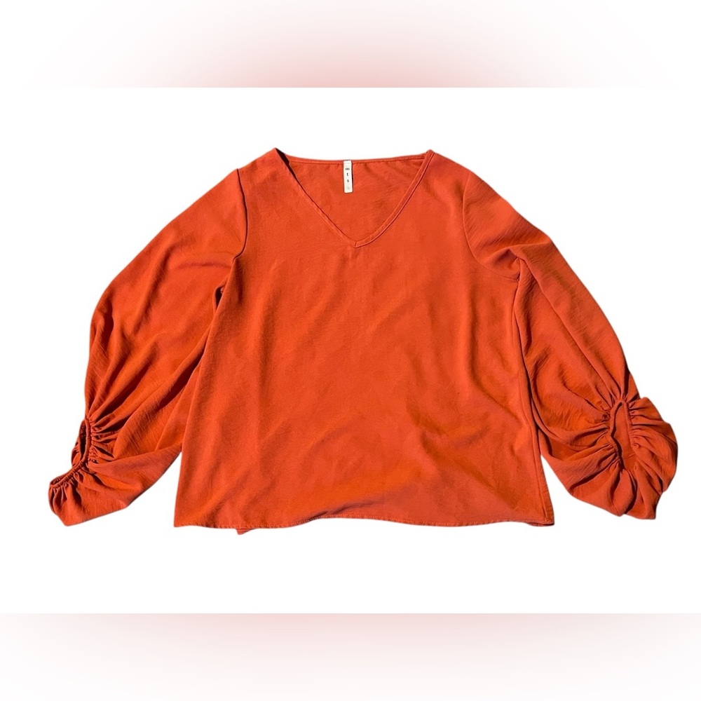 MTS Rust V-Neck Blouse with Ruched Sleeves